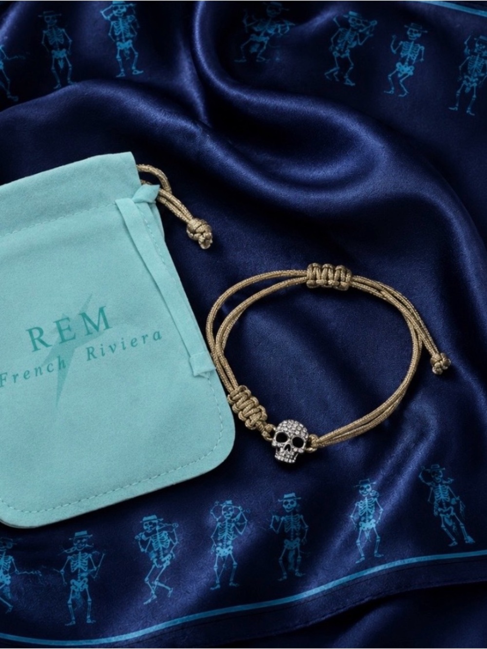 Bracelet REM French Riviera Beige Cord Crystal Pave Sterling Silver Skull
